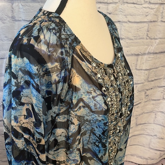 Chico’s Sheer Tunic Top Beaded Embellished Chico’s Size 3 XL Watercolor Blue - Picture 4 of 9